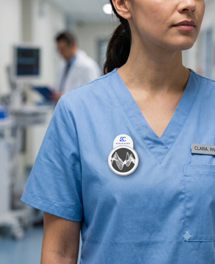 Nurse using SpeakCare ambient AI device